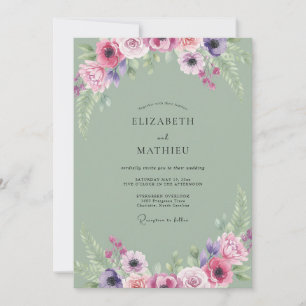 Salbei Magenta Pfingstrosen-Hochzeit Einladung
