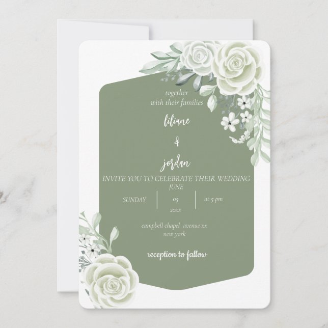 Salbei-Minimalistische Blütenhochzeit Einladung (Vorderseite)