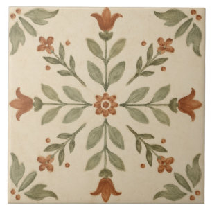 Salbei-Oliv-Folk-Art-Blumenkreuz-Motiv Fliese