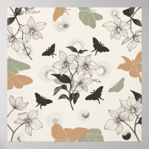 Salbei-Pfirsich-Blumen-Schmetterling-Linienkunstpo Poster