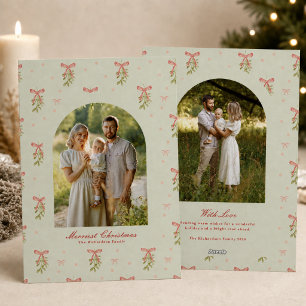 Salbei-Rote-Schleife-Grün-Weihnachtsfamilienfoto Feiertagskarte