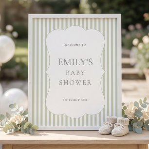Salbei-Streifen-Skalopprand-Baby-Shower-Einladung Poster