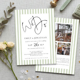 Salbei-Streifen Wir heiraten 3 Fotos QR-Code Hochz Einladung