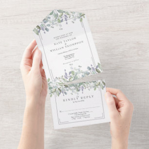 Salbei- und Flieder-Blumenmonogramm-Hochzeit All In One Einladung