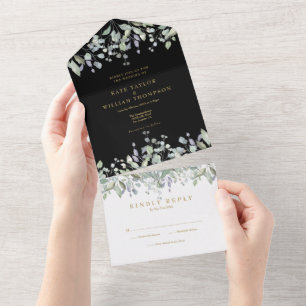 Salbei- und Flieder-Blumenmuster mit schwarzem Gol All In One Einladung