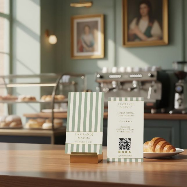 Salbei Vert gestreift französischer QR-Code Bäcker Visitenkarte (Von Creator hochgeladen)