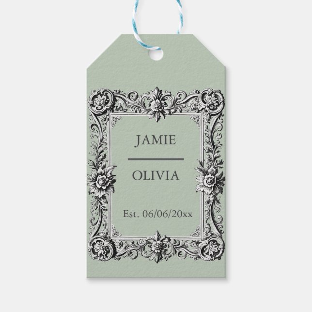 Salbei Viktorianischer Scroll Rahmen - Hochzeit Geschenkanhänger (Vorderseite)