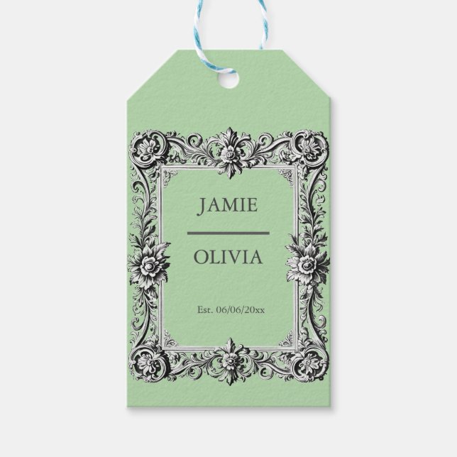 Salbei Viktorianischer Scroll Rahmen - Hochzeit Geschenkanhänger (Vorderseite)
