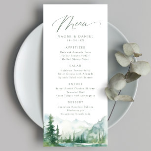 Salbei-Wasserfarben-Gebirgswald-Rustikale Hochzeit Menükarte