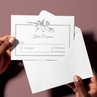 Salbeigraue Toile de Jouy Cherub-Hochzeits-Antwort RSVP Karte