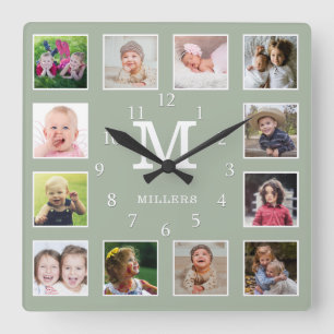 Salbeigrün 12 Foto-Collage Familienname Monogramm Quadratische Wanduhr