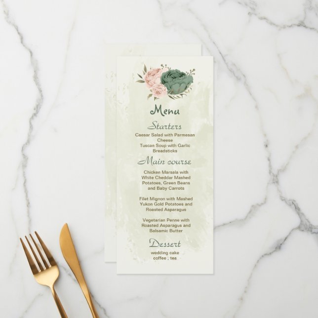 Salbeigrün Blume botanische Hochzeit Menükarte (Vorderseite/Rückseite Beispiel)