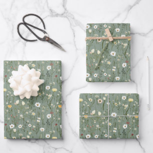 Salbeigrün Gelb Weiße Wildblumen Brautparty Geschenkpapier Set