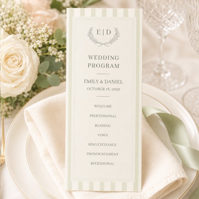 Salbeigrün gestreifte Monogramm-Hochzeit Programm (Von Creator hochgeladen)