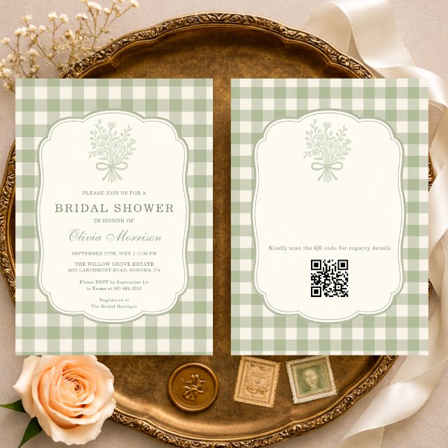 Salbeigrün Gingham Blumen QR Code Brautparty Einladung (Von Creator hochgeladen)