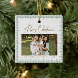 Salbeigrün Gingham Foto Frohe Weihnachten Keramikornament