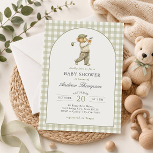 Salbeigrün Gingham Golf Junge Baby Shower Einladung