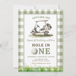 Salbeigrün Gingham Hole in One Golf Junge Geburtst Einladung
