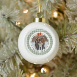 Salbeigrün Gingham Karo Kreis Foto Weihnachten Keramik Kugel-Ornament