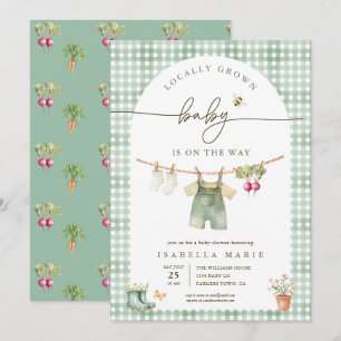 Salbeigrün Gingham Locally Grown Babyparty Einladung
