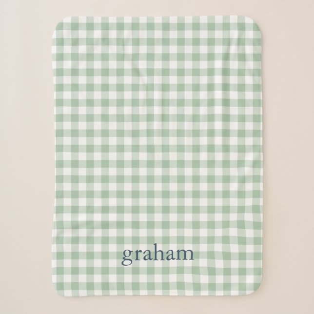 Salbeigrün Gingham Monogramm Sherpadecke (Vorderseite)
