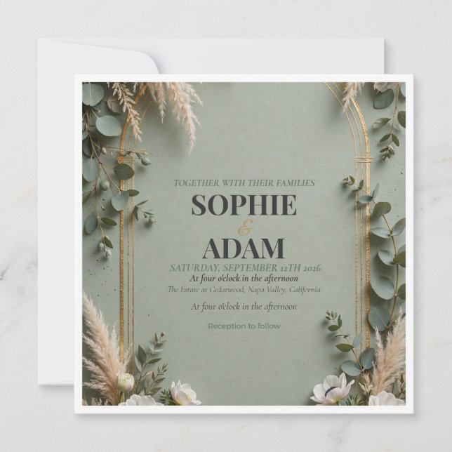 Salbeigrün Goldfolie Doppelbogen Save The Date (Vorderseite)