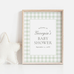 Salbeigrün kariert Babyparty-Willkommensschild Poster