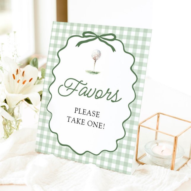 Salbeigrün kariert Schleifen Golf Geschenke Schild (Sage Green Gingham Bow Golf Favors Sign)