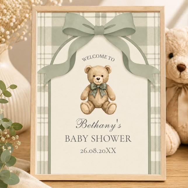 Salbeigrün kariert Teddybär Willkommen Poster (Sage Green Gingham Teddy Bear Welcome Sign)