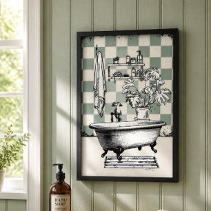 Salbeigrün kariert Vintage-Klauenfuß-Badewanne-Bad Poster