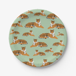 Salbeigrün Orange Dschungel Tiger Tier Muster Pappteller