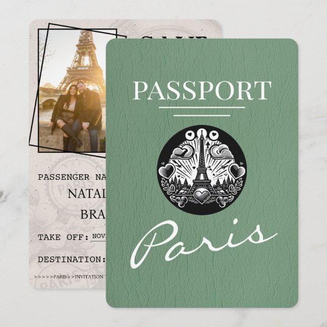 Salbeigrün Paris Reisepass Save The Date (Vorne/Hinten)