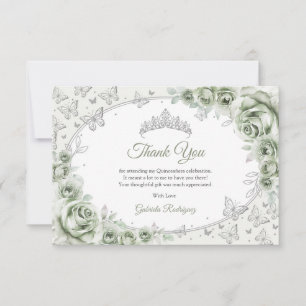 Salbeigrün Silbernes Florales Quinceanera Dankeskarte