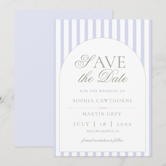 Salbeigrün und blau gestreift elegant klassisch  save the date (Vorne/Hinten)