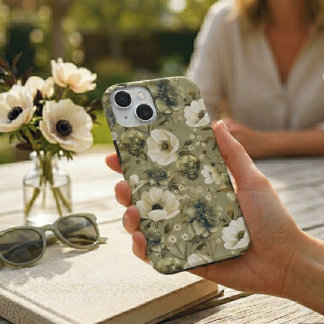 Salbeigrün und cremefarbene Blüten iPhone 15 Hülle