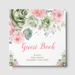 Salbeigrün und rosa florale Babyparty Gästebuch