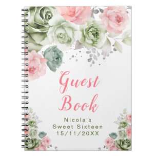 Salbeigrün und rosa florale Sweet Sixteen Notizblock
