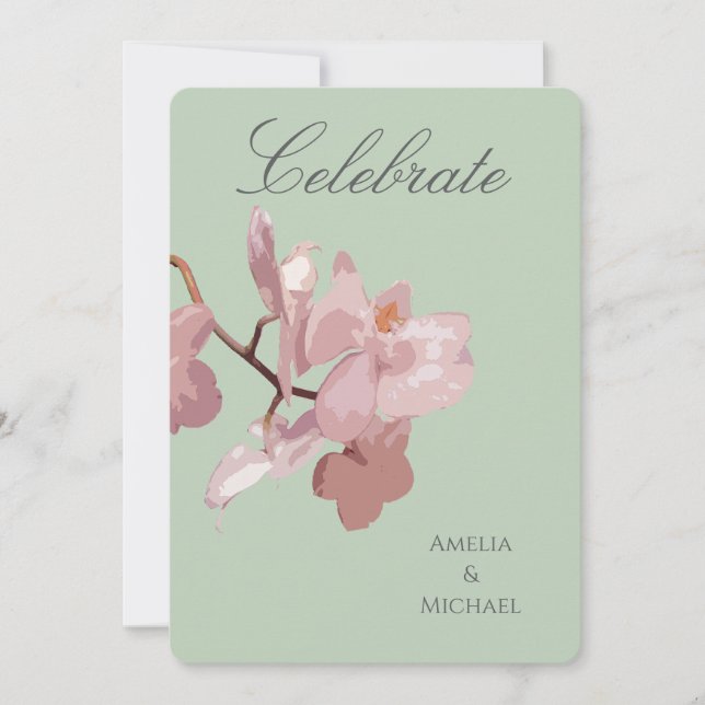 Salbeigrün und rosa Orchidee Einladung (Vorderseite)