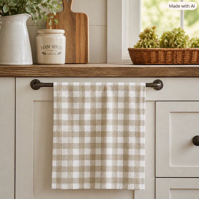 Salbeigrün und weiß kariertes Gingham-Muster Geschirrtuch (A kitchen towel with a sage green and white gingham pattern.)