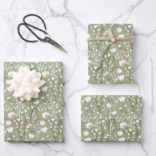 Salbeigrün und weiße florale Hochzeitsdusche Hochz Geschenkpapier Set