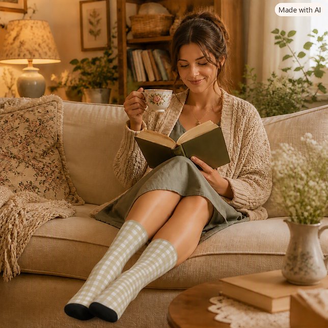 Salbeigrün-weiß kariertes Gingham-Muster Socken (A pair of socks with a sage green and white gingham plaid pattern.)