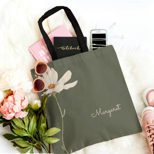 Salbeigrün Weiße Blume Minimal Einfach Tasche