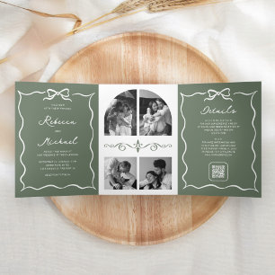 Salbeigrün Weiße Schleife QR-Code Foto Hochzeit Dreifach Gefaltete Einladung