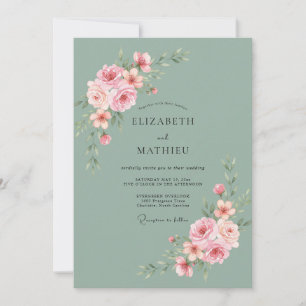 Salbeigrüne Anmutige Rosenhochzeit Einladung