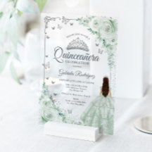 Salbeigrüne Aquarell-Rosen Silber Quinceanera