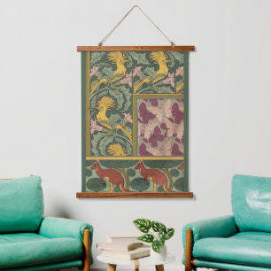 Salbeigrüne Art Nouveau Wiedehopf Schmetterling Ku Wandteppich Mit Holzrahmen