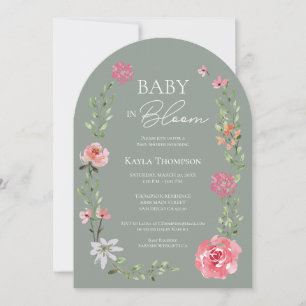 Salbeigrüne Baby-Blüten-Bogen-Blumen-Baby-Party Einladung