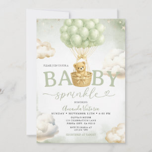 Salbeigrüne Bärchen-Wolken-Ballon-Baby-Party Einladung