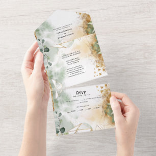 Salbeigrüne Blätter und Goldstaub-Hochzeit   All In One Einladung