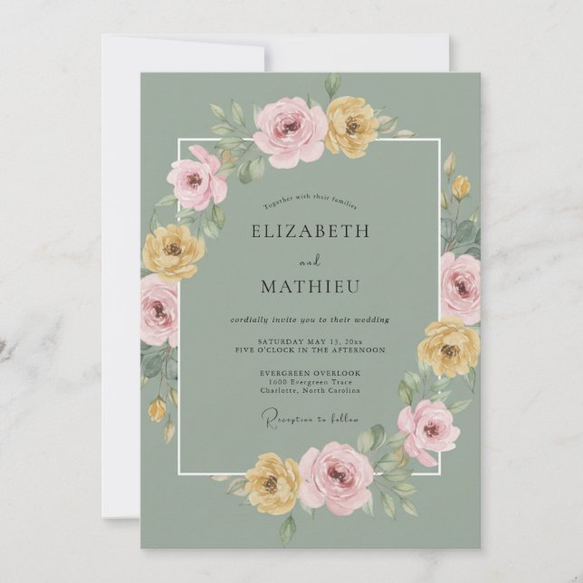 Salbeigrüne blühende Frühlingshochzeit Einladung (Vorderseite)